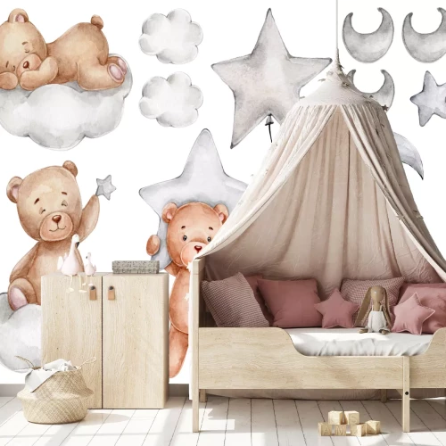 Sticker Aquarell-Teddybären Wolken Sterne und Monde