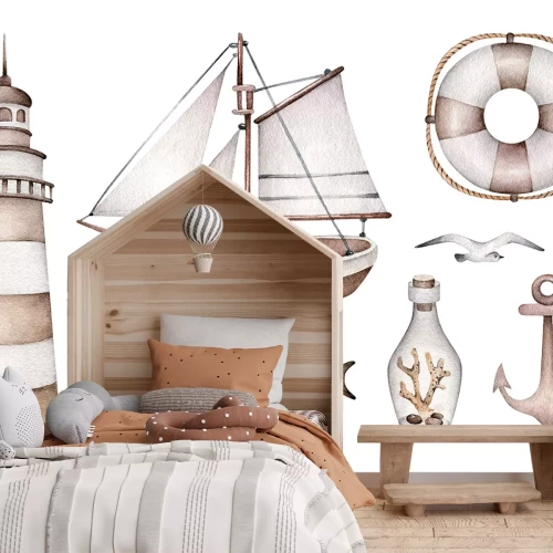 Sticker Nautische Illustration eines Schiffes, eines Leuchtturms und eines Ankers