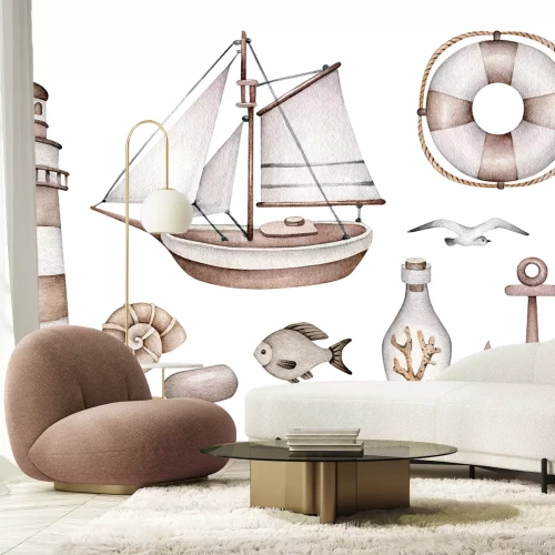 Sticker Nautische Illustration eines Schiffes, eines Leuchtturms und eines Ankers