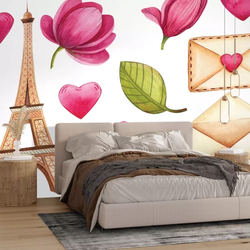 Sticker Eiffelturm rosa Magnolienblüten und Herzen