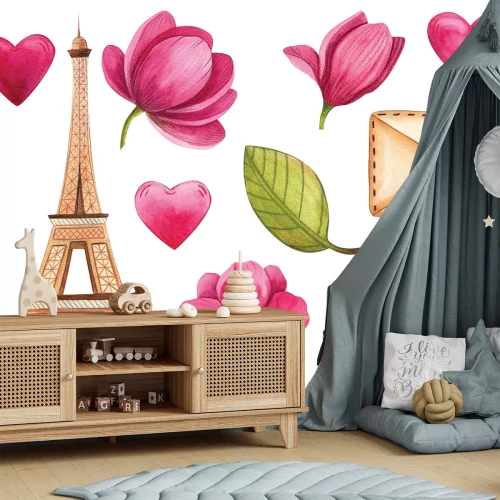 Sticker Eiffelturm rosa Magnolienblüten und Herzen