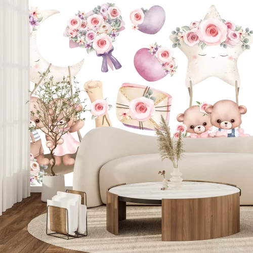 Sticker Teddybären auf Schaukeln mit Blumen Mond und Stern