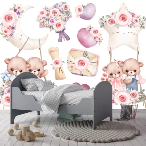 Sticker Teddybären auf Schaukeln mit Blumen Mond und Stern