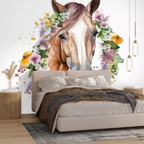 Sticker Aquarellporträt eines Pferdes zwischen Blumen