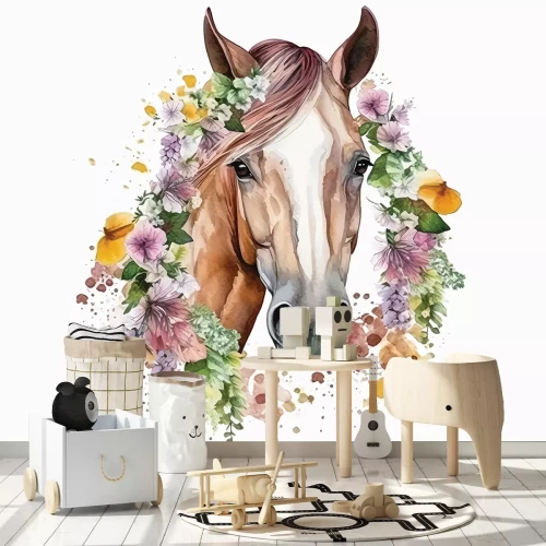 Sticker Aquarellporträt eines Pferdes zwischen Blumen
