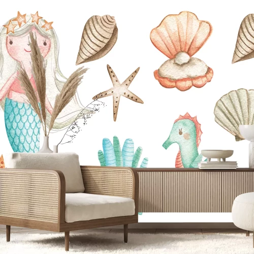 Sticker Aquarellmeerjungfrau und Muscheln
