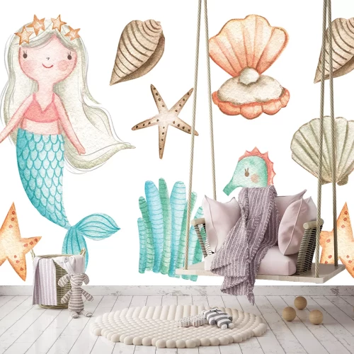 Sticker Aquarellmeerjungfrau und Muscheln