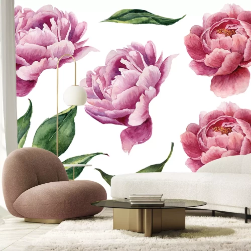 Sticker Rosa Pfingstrosenblüten und grüne Blätter