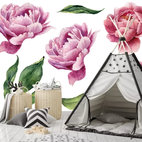 Sticker Rosa Pfingstrosenblüten und grüne Blätter