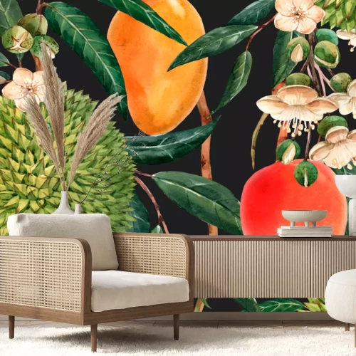 Fototapete Durians und Mangos in einer tropischen Komposition