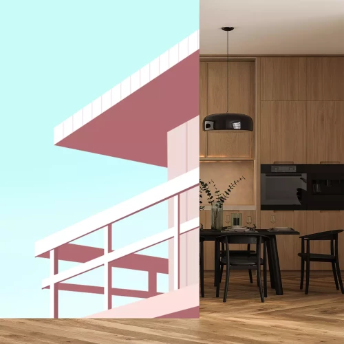 Fototapete Ein rosafarbenes Haus am Meer vor blauem Himmel