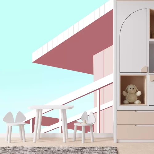 Fototapete Ein rosafarbenes Haus am Meer vor blauem Himmel