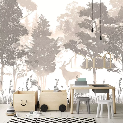 Fototapete Eine zarte Waldlandschaft mit einem Reh