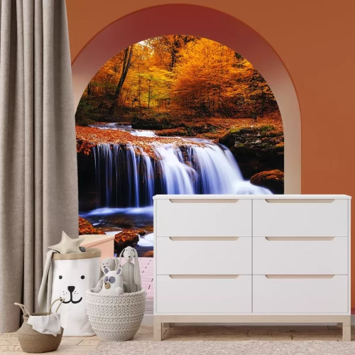 Fototapete Blick auf einen Wasserfall im herbstlichen Wald