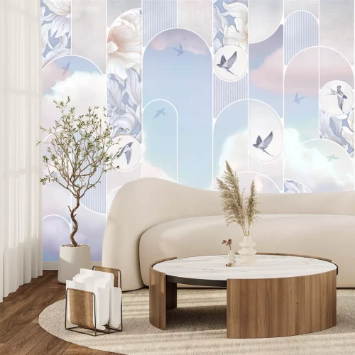 Fototapete Vögel, Wolken und Blumen in geometrischen Formen, Pastellmuster