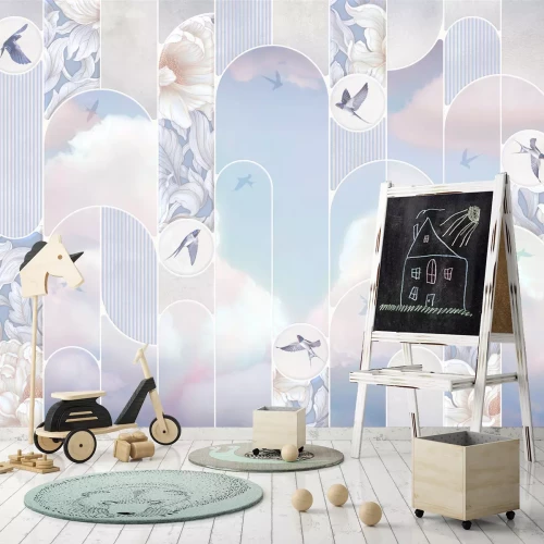 Fototapete Vögel, Wolken und Blumen in geometrischen Formen, Pastellmuster