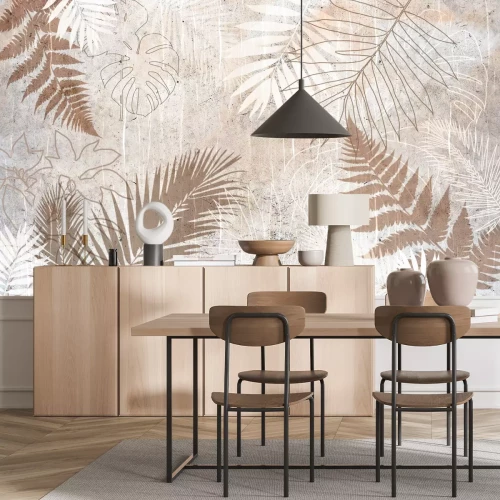 Fototapete Monstera-, Palmen- und Farnblätter auf texturiertem Hintergrund mit Betoneffekt