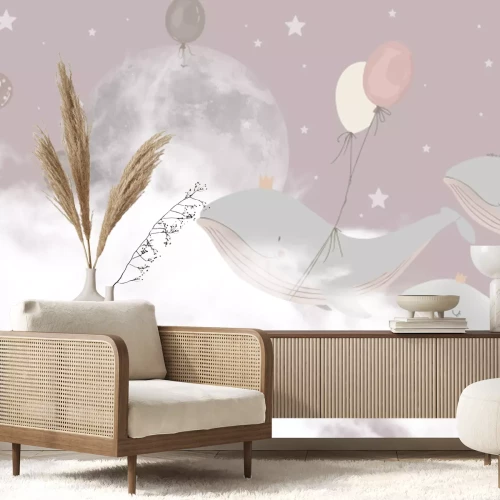 Fototapete Wale mit Ballons vor dem Hintergrund von Wolken, Mond und Sternen