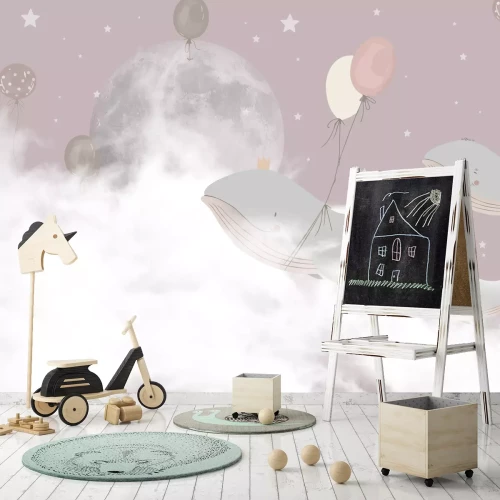 Fototapete Wale mit Ballons vor dem Hintergrund von Wolken, Mond und Sternen