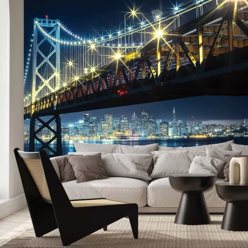 Fototapete Nächtliche Landschaft mit Blick auf die Brücke und beleuchtete Gebäude
