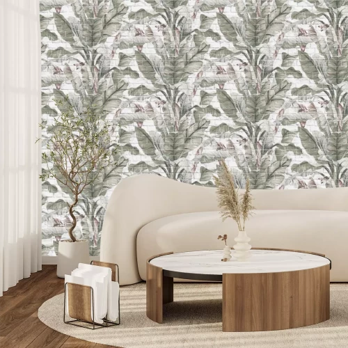 Fototapete Tropische Pflanzen Bananenblätter Ziegelwand Dekoration