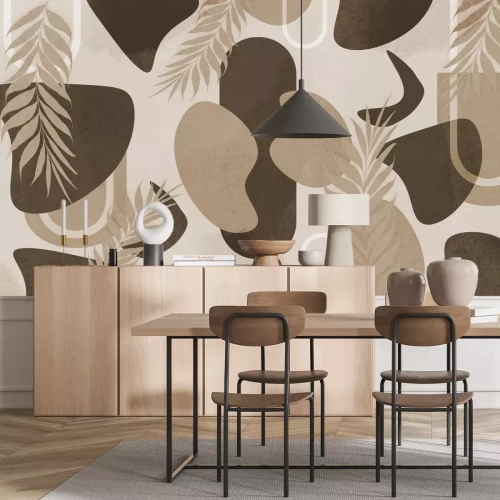 Fototapete Blätter und geometrische Formen beigebraune dekorative Komposition