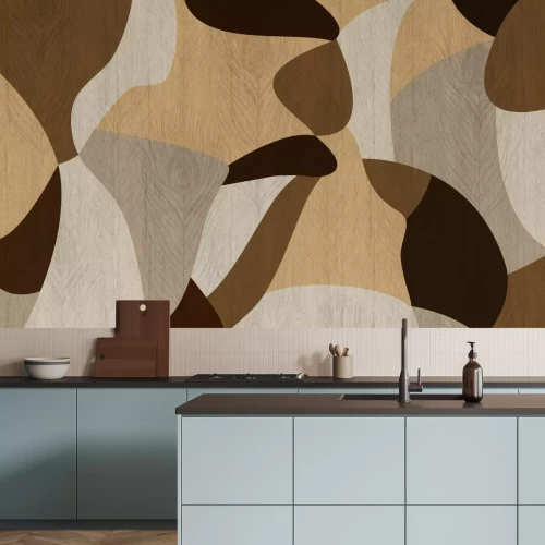 Fototapete Pfauenfedern auf abstraktem Holzhintergrund geometrische Formen