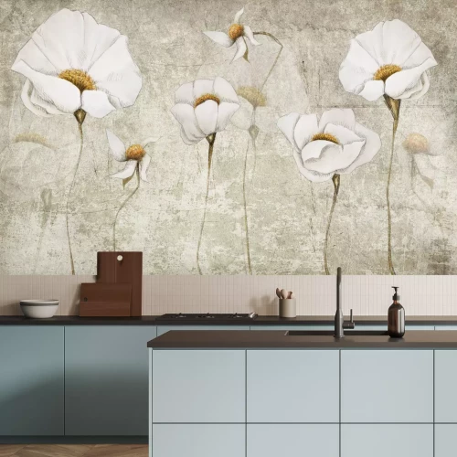 Fototapete Weiße Blumen Skizze auf Betonhintergrund moderne Dekoration