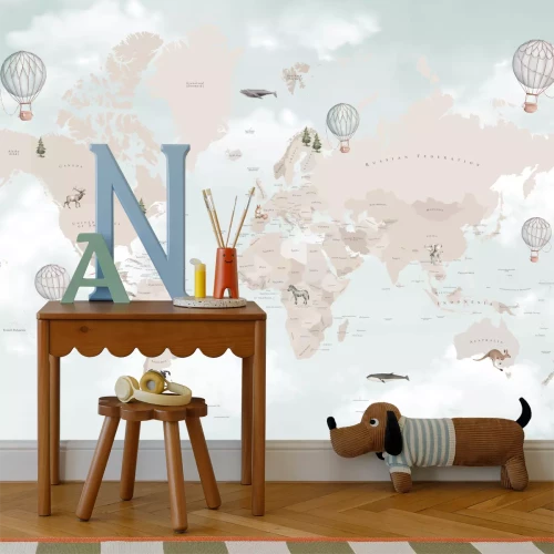 Fototapete Kinderweltkarte vor einem Himmel mit Wolken