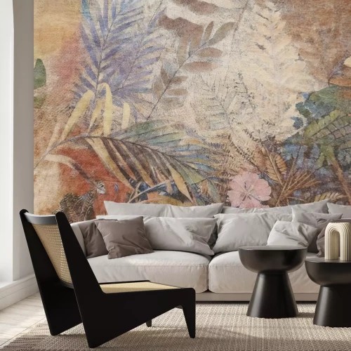 Fototapete Tropische Blätter und Blumen in Herbstfarben