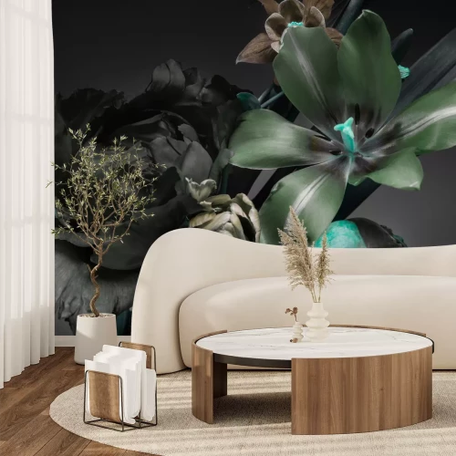 Fototapete Lilien und Pfingstrosen Blumen auf dunklem Hintergrund