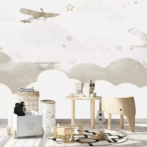 Fototapete Flugzeuge am Himmel zwischen Wolken und Sternen