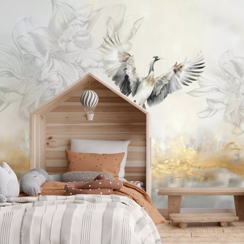 Fototapete Fliegender Vogel vor einem pflanzlichen Hintergrund