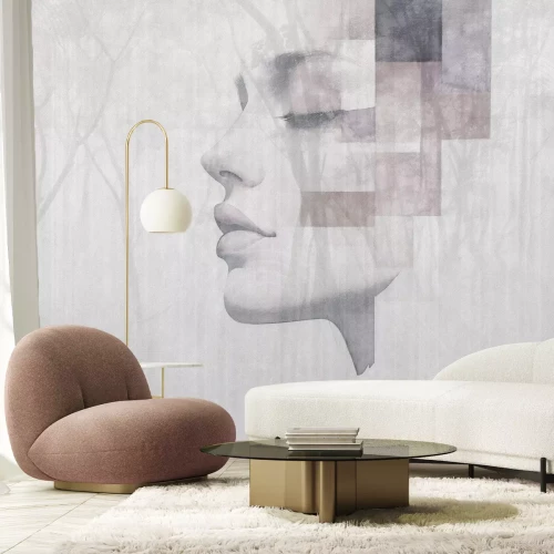 Fototapete Aquarellporträt einer Frau mit Waldlandschaft und Bäumen im Hintergrund