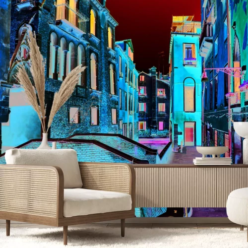 Fototapete Malerischer Kanal mit einer Brücke, umgeben von Häusern