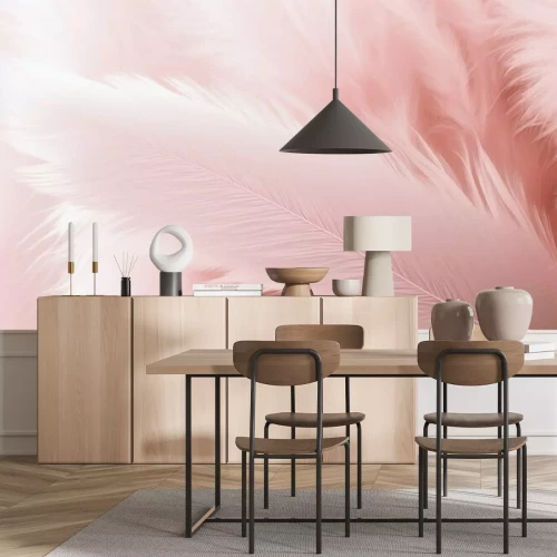 Fototapete Nahaufnahme von rosa Federn auf pastellfarbenem Hintergrund