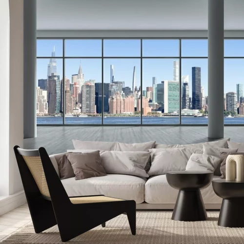 Fototapete Panorama der Wolkenkratzer von New York City durch Fenster