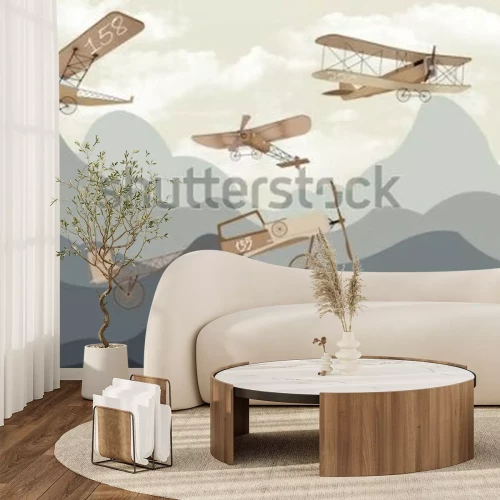 Fototapete Illustration Flugzeuge mit Doppeldeckern über Bergen