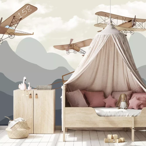 Fototapete Illustration Flugzeuge mit Doppeldeckern über Bergen