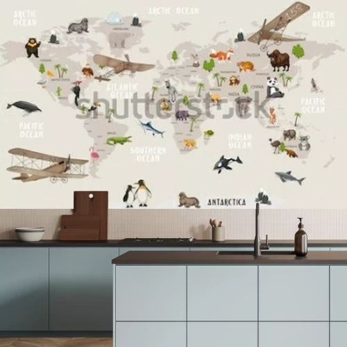 Fototapete Graue Weltkarte mit Tieren für Kinder