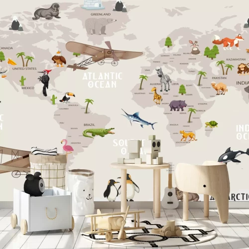 Fototapete Graue Weltkarte mit Tieren für Kinder