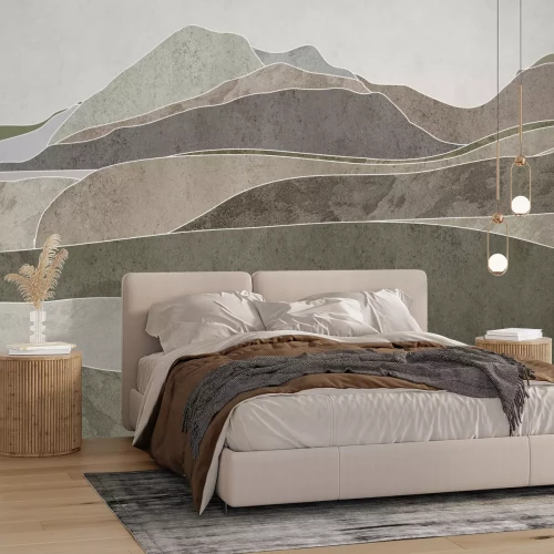 Fototapete Minimalistische Berglandschaft, abstraktes Muster in grün-beigen Farbtönen