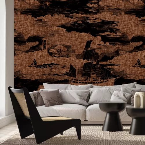 Fototapete Moderner Landschaft mit Silhouetten von Leuchttürmen und Segelbooten