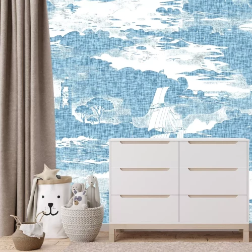 Fototapete Moderner Landschaft mit Silhouetten von Leuchttürmen und Segelbooten