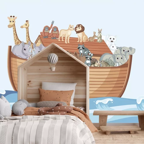 Fototapete Boot voll mit Tieren, das auf den Wellen schaukelt