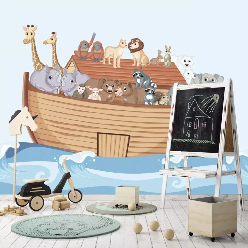 Fototapete Boot voll mit Tieren, das auf den Wellen schaukelt