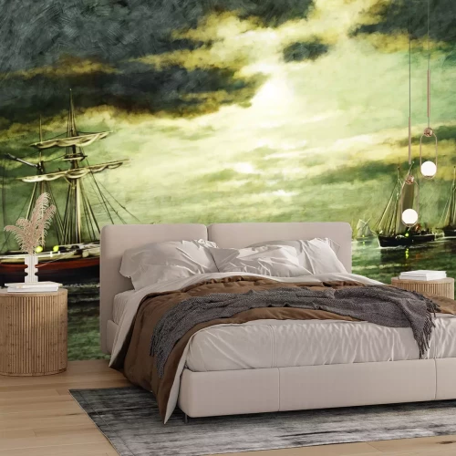 Fototapete Skizze eines Segelschiffs auf dem Meer bei Sonnenuntergang