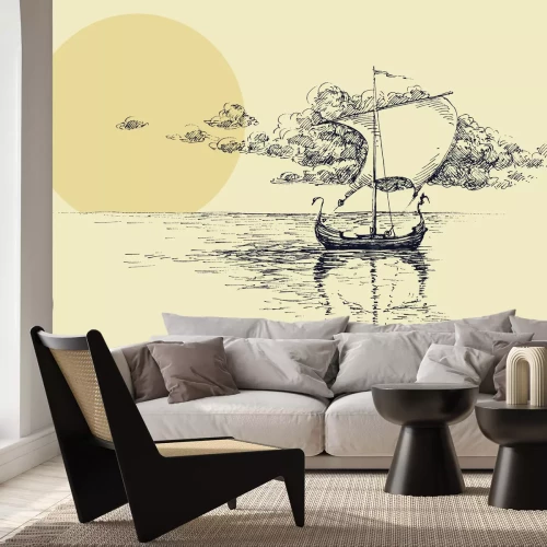 Fototapete Skizze eines Segelschiffs auf dem Meer bei Sonnenuntergang