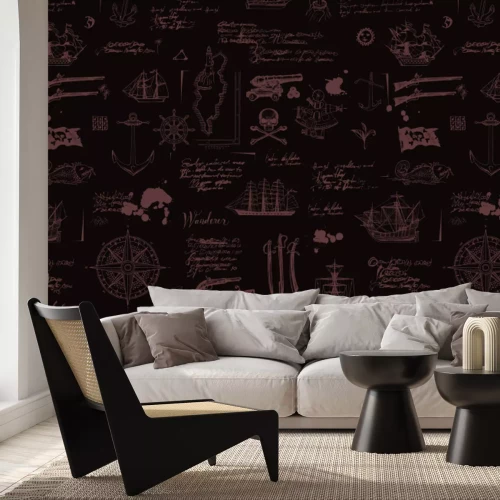 Fototapete Stilisiertes Piratenmuster mit Schiff- und Kompasssymbolen