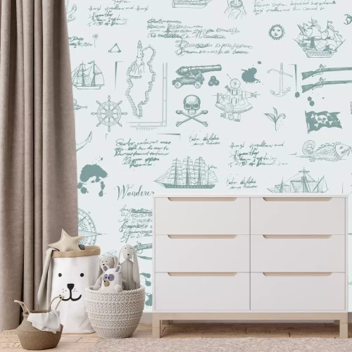 Fototapete Stilisiertes Piratenmuster mit Schiff- und Kompasssymbolen